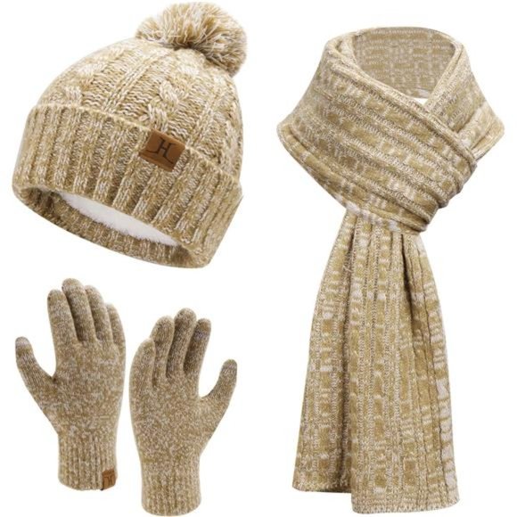 Winter Warm Beanie Hat Touchscreen Gloves Long Scarf Set  For Women